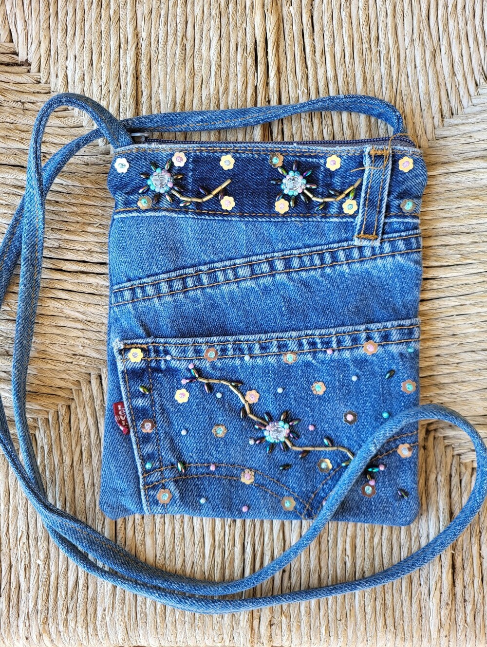 Handcrafted Red Label Levis Embellished Denim Crossbody Bag - Floral Sequins